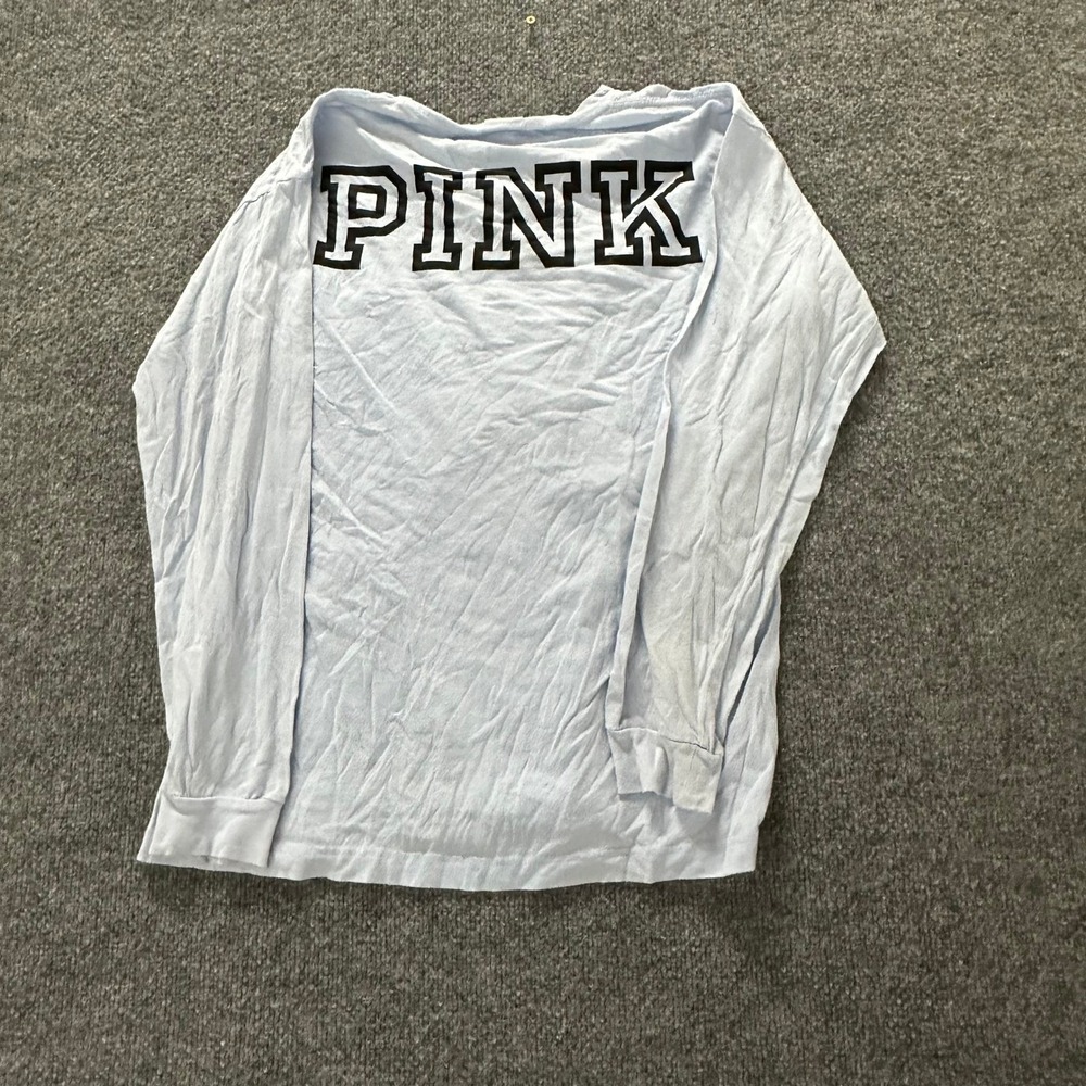 PINK Long Sleeve T-Shirt Womens Size S Blue Cotton Pocket Back Logo Stain